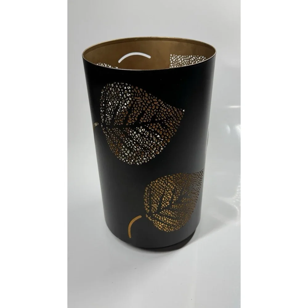 Black/Gold Metal Hurricane With Cut-out Leaves  Design Candle Holder
